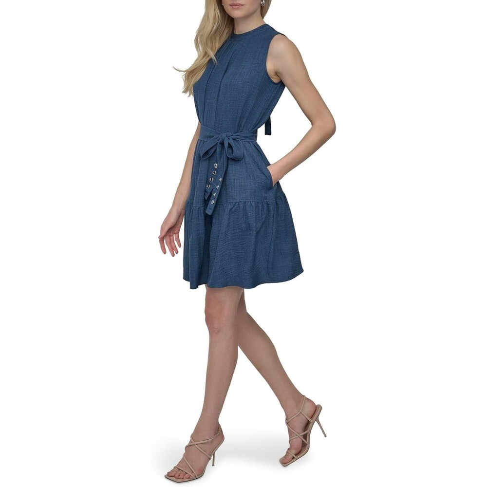 DKNY Women's Fit & Flare Mini Dress Size 10 Denim Blue Sleeveless Jewel Neck - Picture 2 of 6